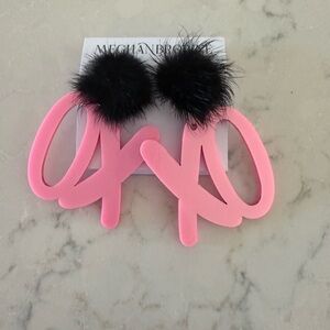Pink XO Earrings with Black Fur Pom Poms